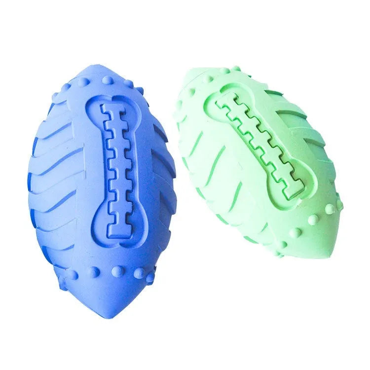 Thickened rubber dog training rugby ball in sapphire blue with vocal squeaker for teeth cleaning