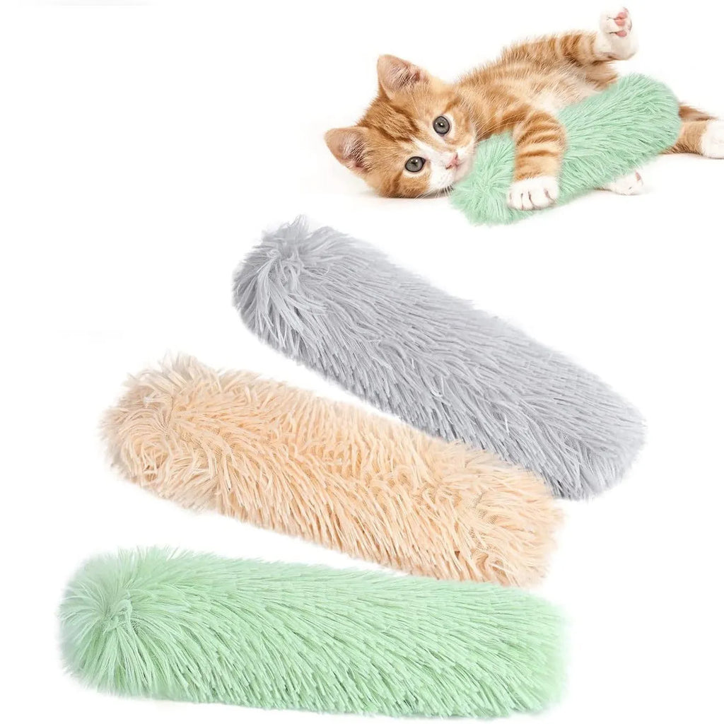 Soft plush cat toy pillow in blue, green, pink, and white colours measuring 27cm by 10cm