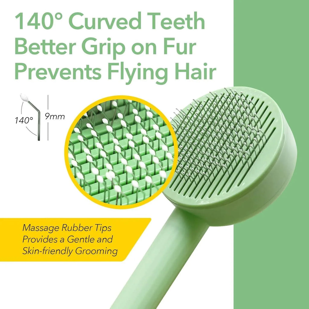 Green and yellow 2-in-1 pet grooming brush with stainless steel bristles for cats and dogs