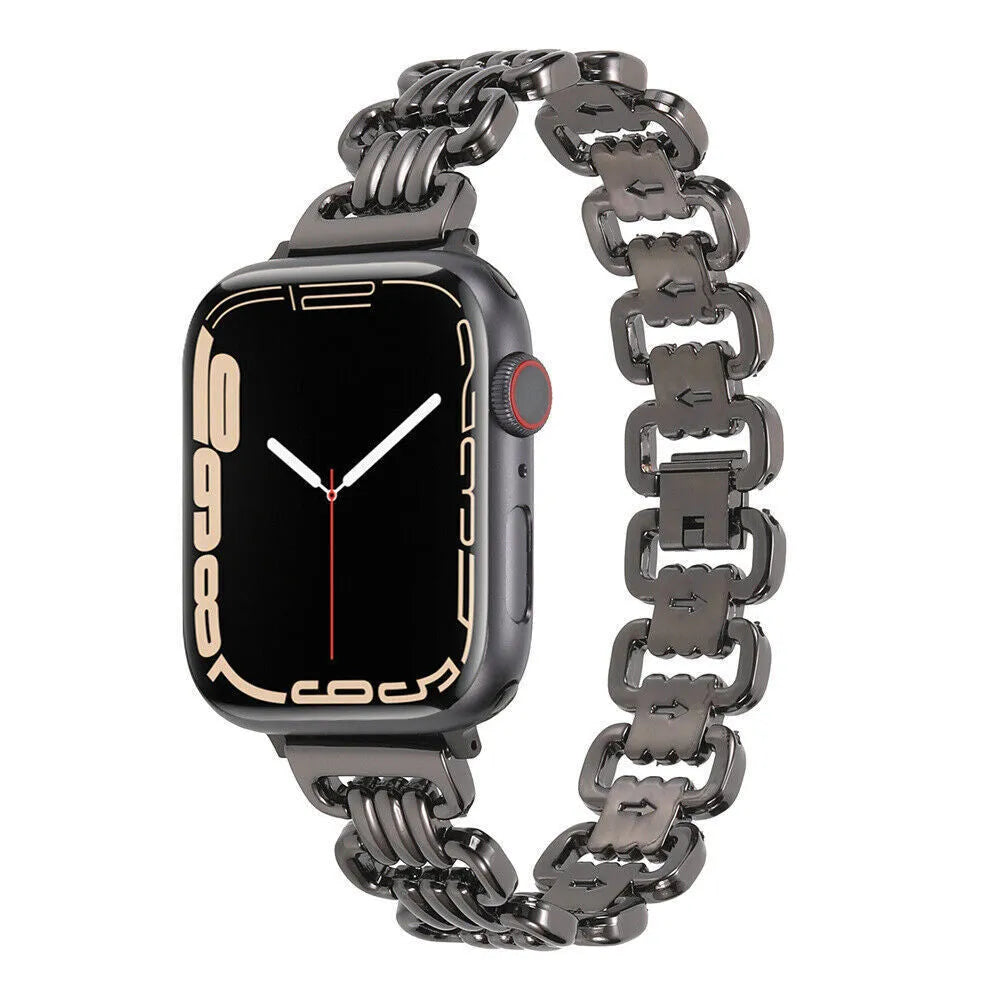 Alloy metal Apple Watch bracelet in silver, black, gold, rose gold and Starlight colours for 38mm to 49mm cases.