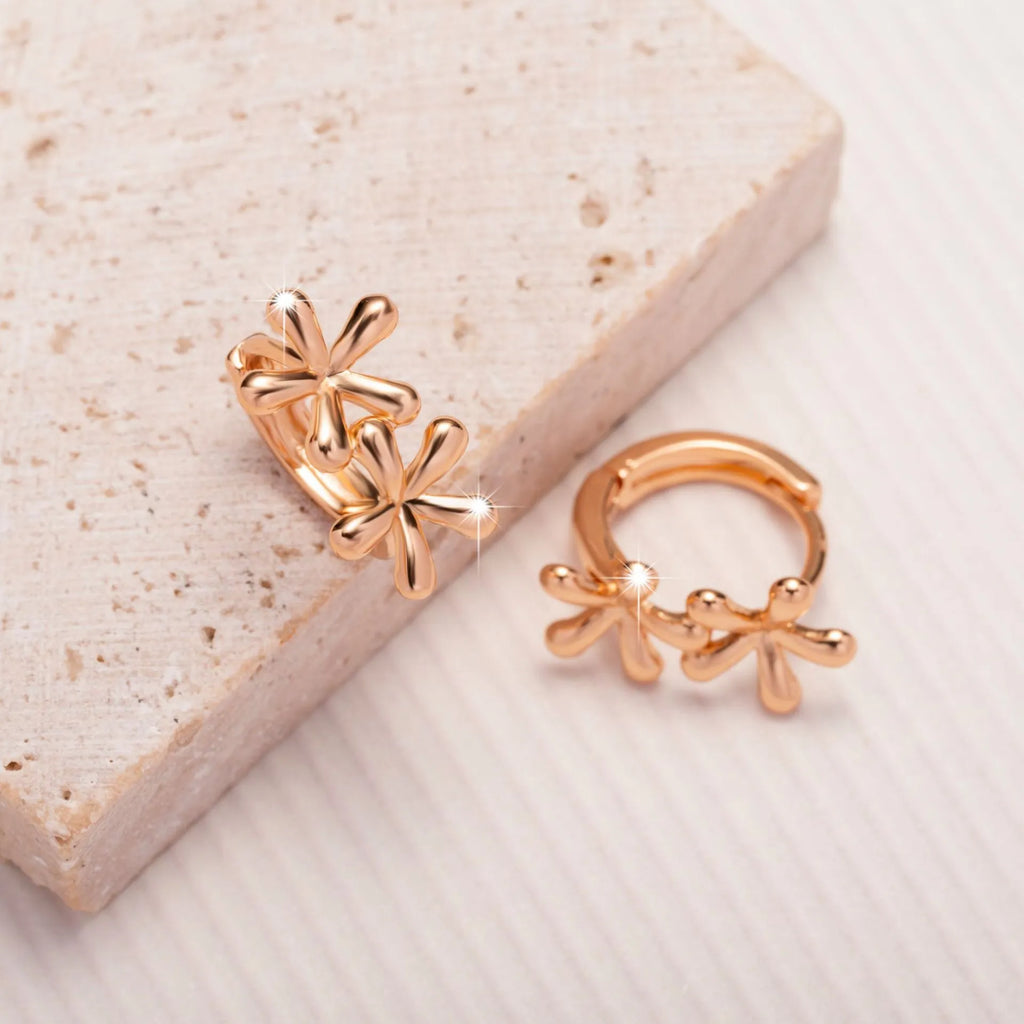Rose gold electroplated waterdrop flower earrings with circular design and butterfly backs