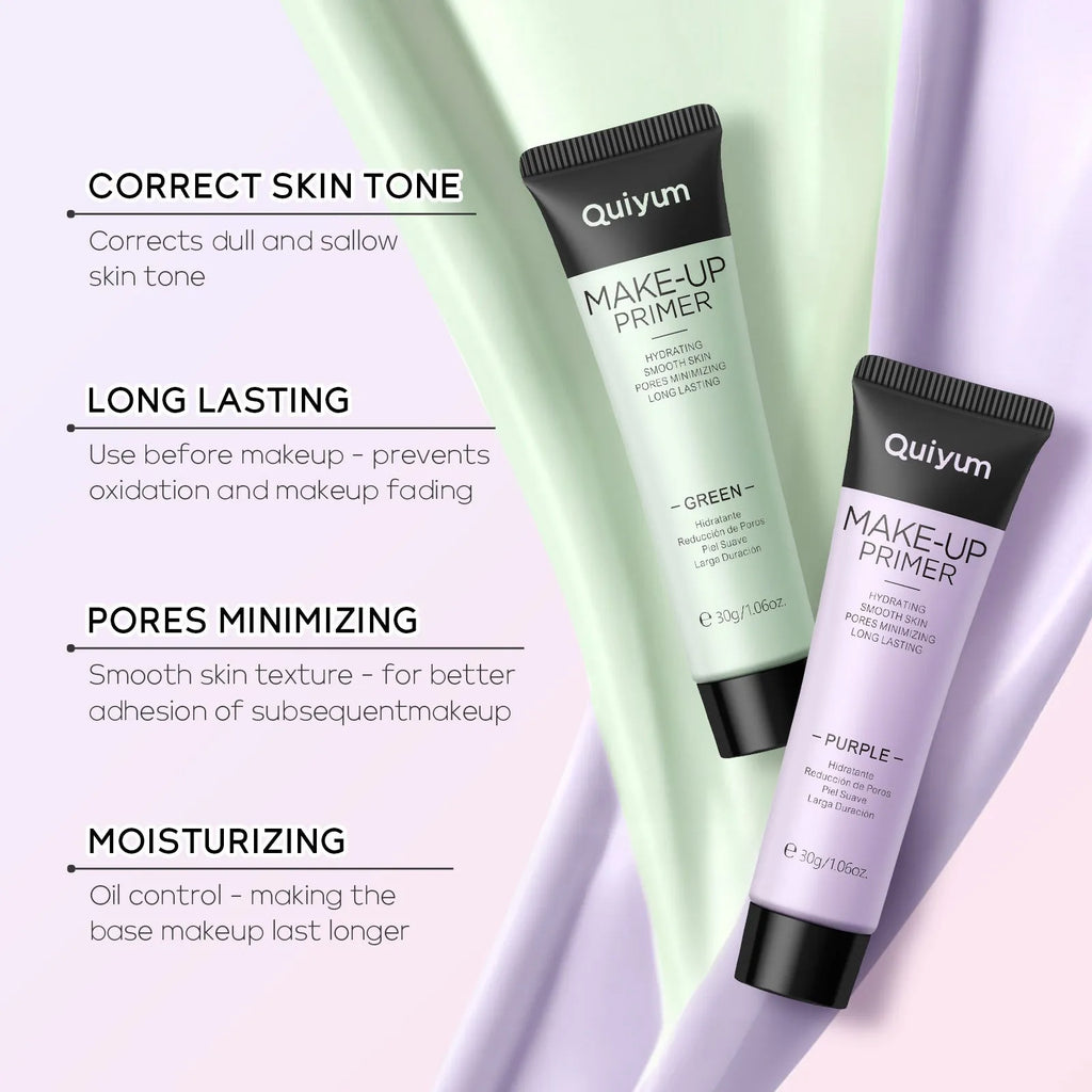 Colour-correcting makeup primer base cream in purple, pink, and green shades, 30g