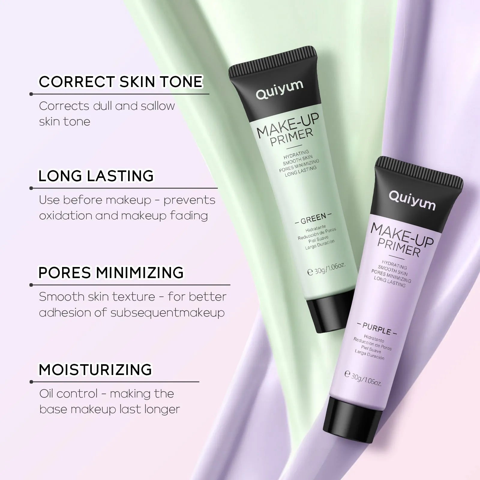 Colour-correcting makeup primer base cream in purple, pink, and green shades, 30g