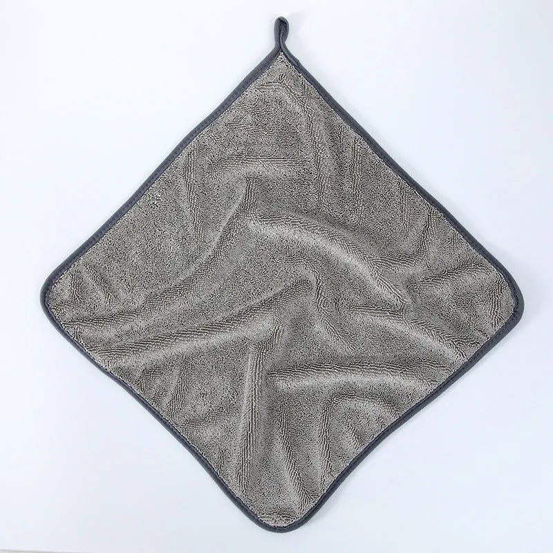 Grey braided twisted car cleaning microfiber towel shown in various sizes for washing and drying vehicles.