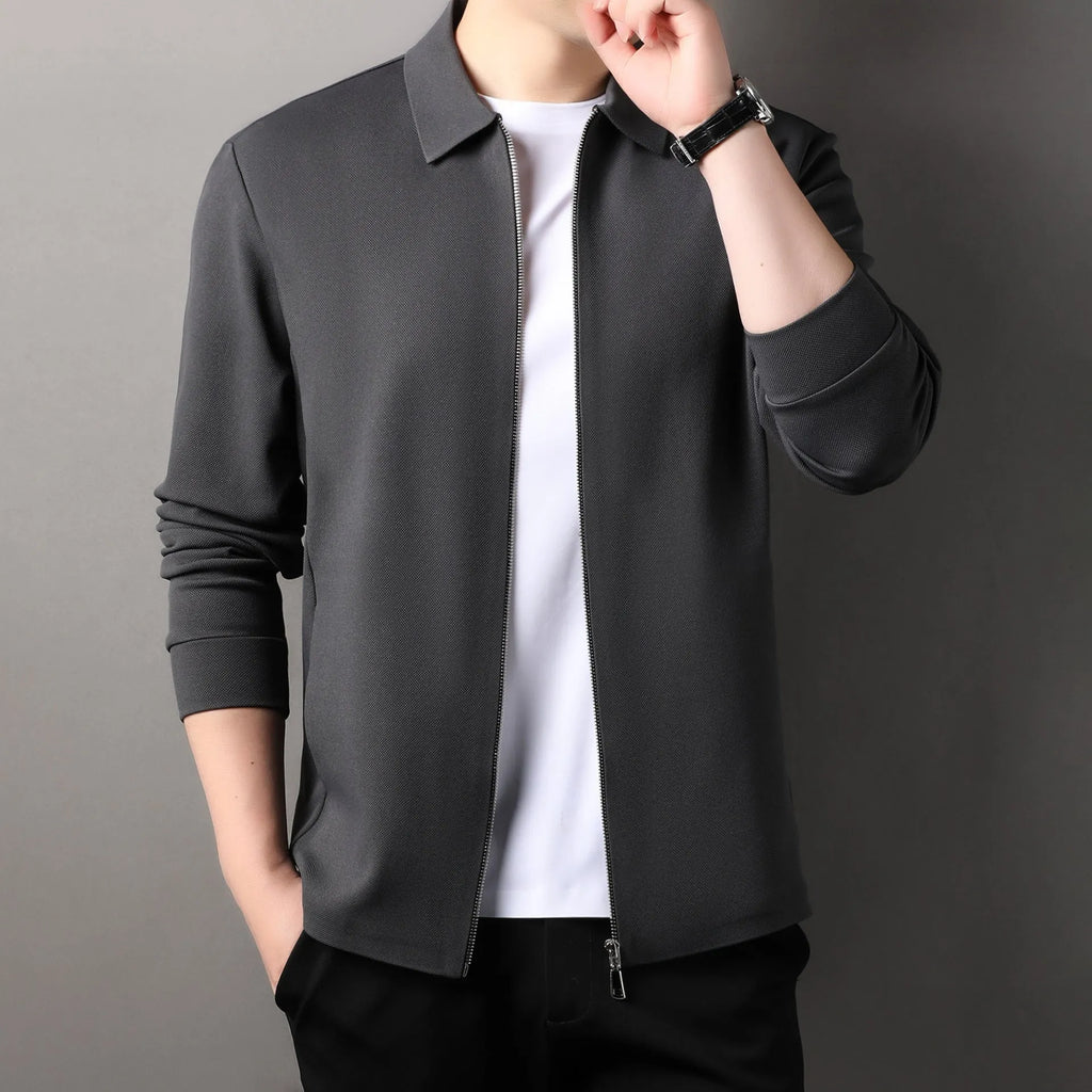 Men's polyester business casual jacket in black, dark gray, or apricot with straight hem