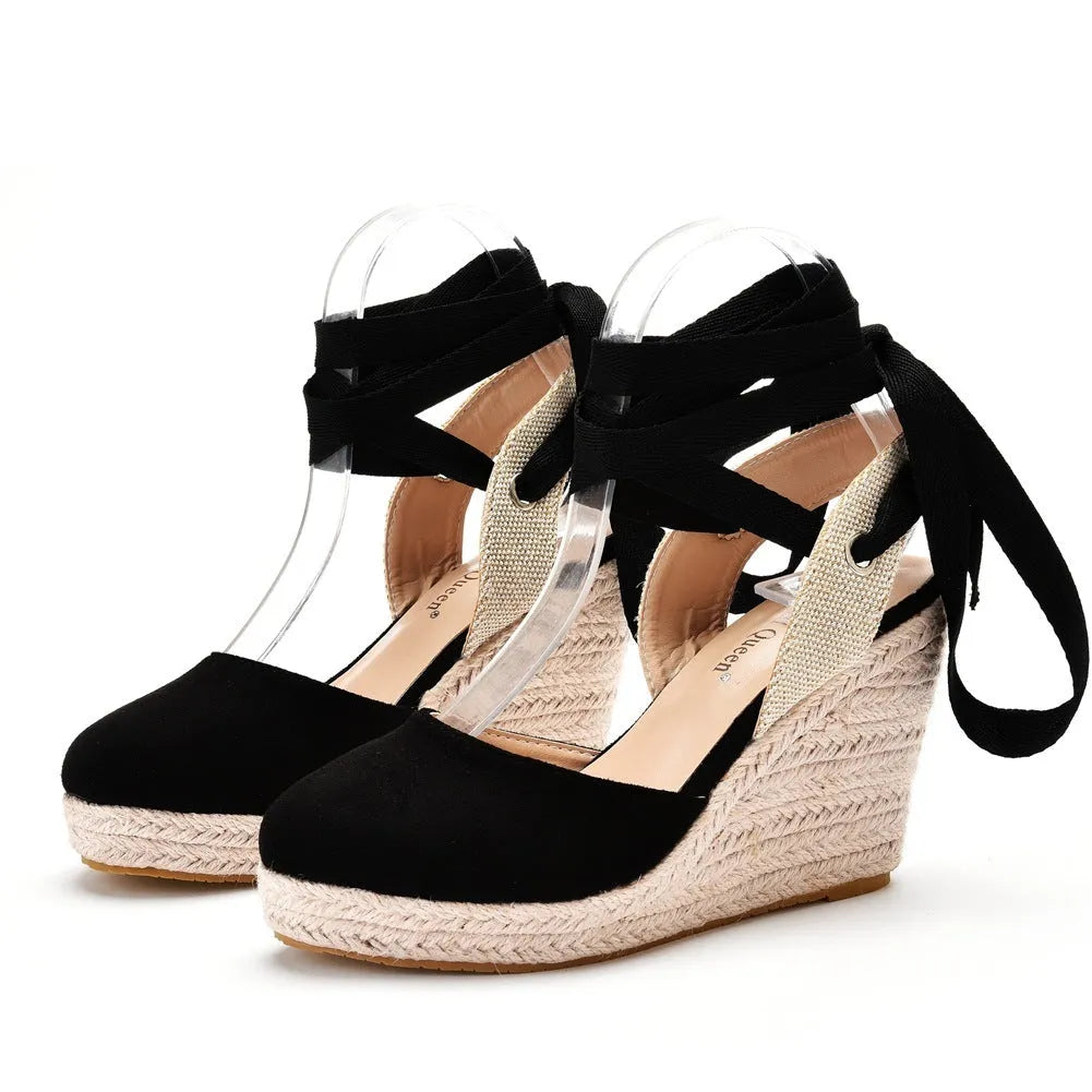 Bohemian style women's wedge platform sandals with adjustable buckle and beaded tassel decoration