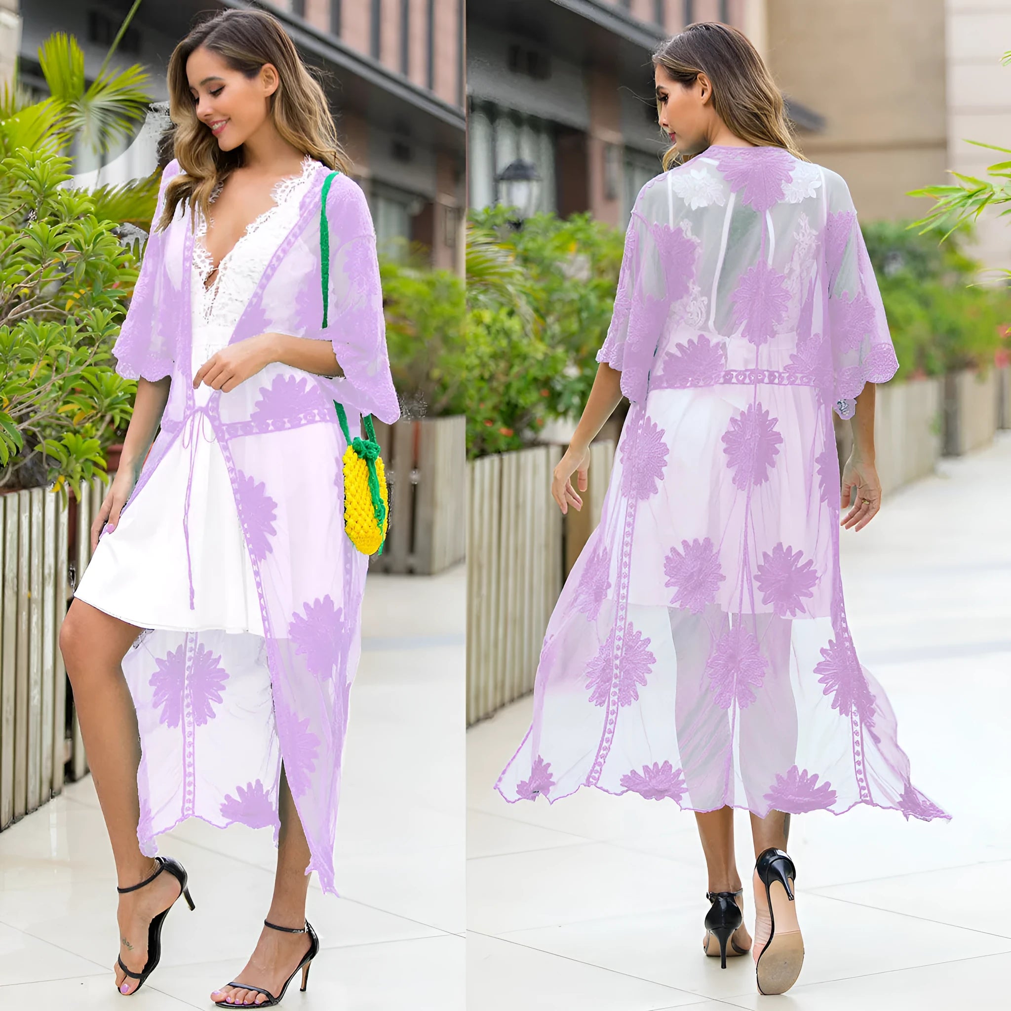 Light purple beach cover-up dress with lace embroidery detail, shown as swimsuit blouse or cardigan