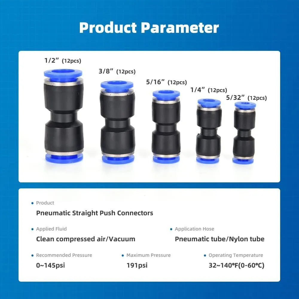 60-piece alloy plastic pneumatic push-in connector set with R1/4 and R1/2 inch threads