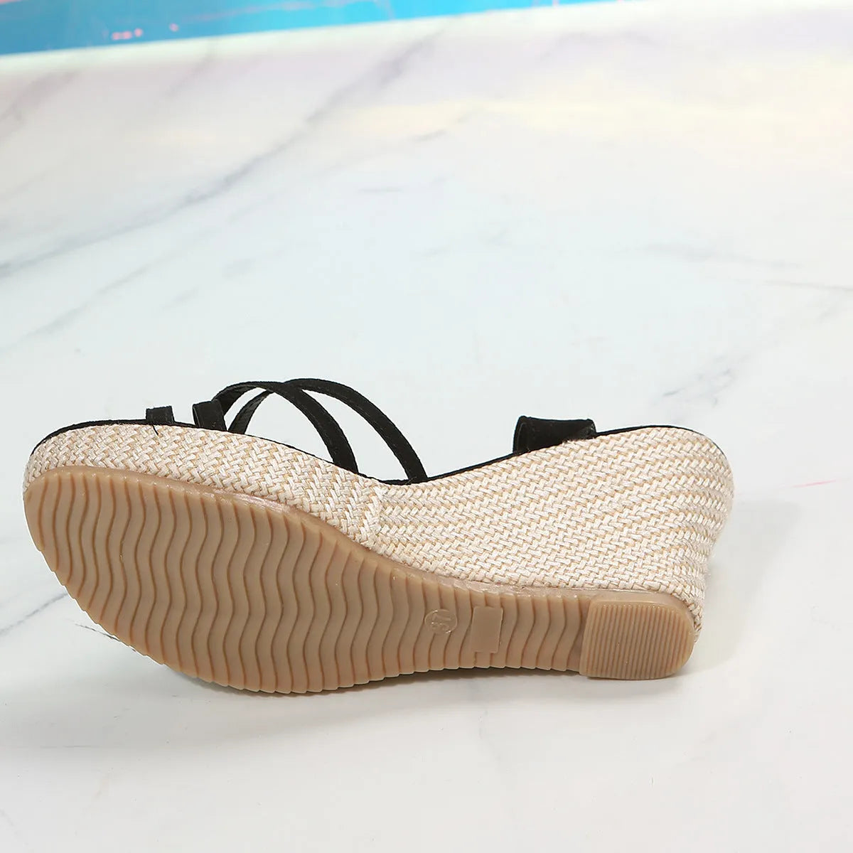 Women's black cloth wedge sandals with fish mouth toe design on size 38 foot