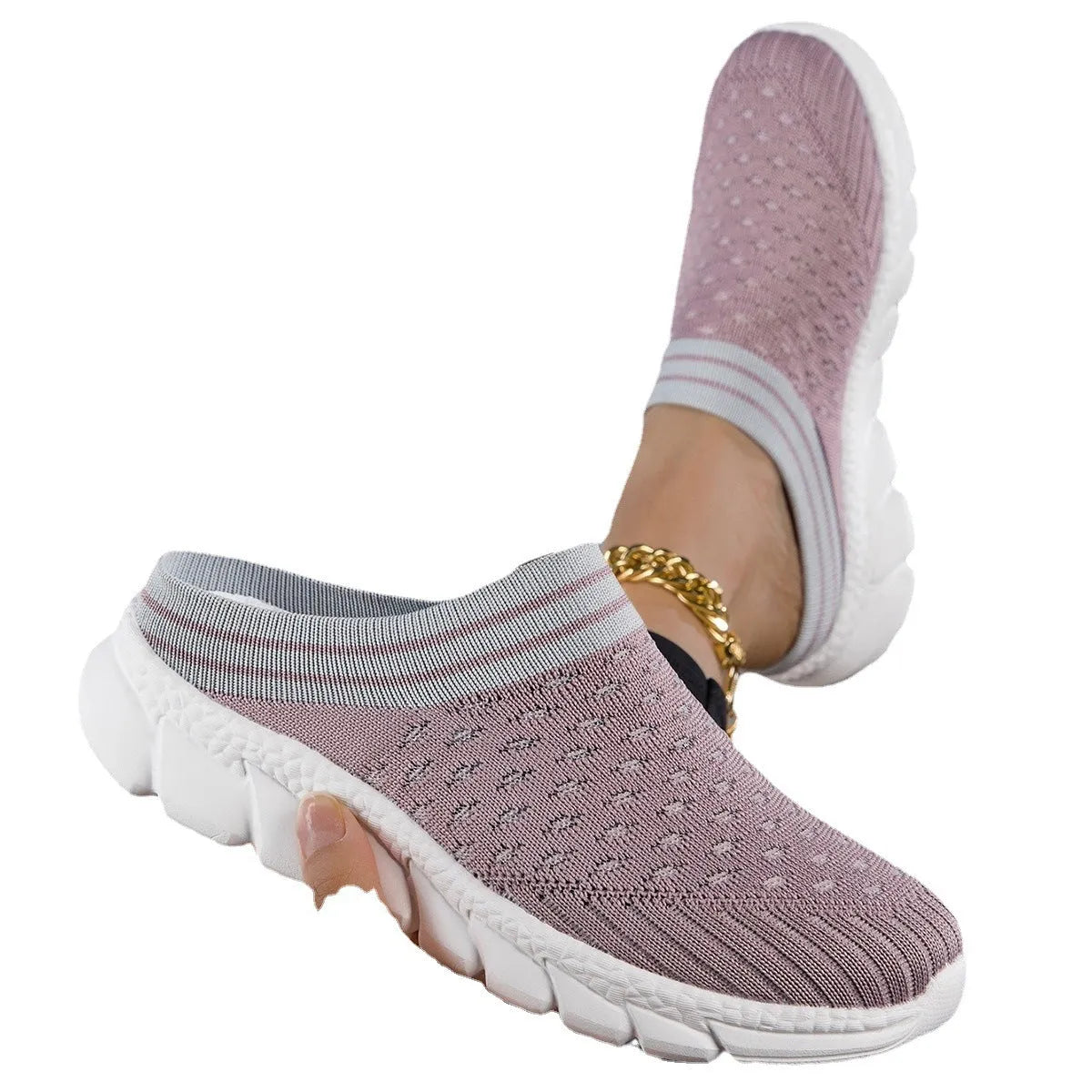 Women's black Flyknit height-increasing slipper shoes with striped pattern and hollowed-out breathable design