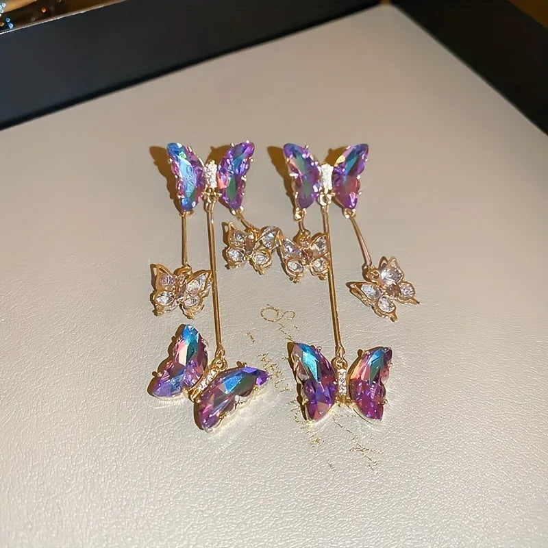 Blue purple butterfly tassel drop earrings with silver needle crystal flowers on electroplated alloy