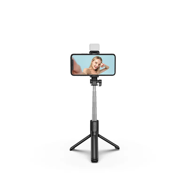 Aluminium alloy Bluetooth selfie stick and tripod with phone holder, shown in black colour.
