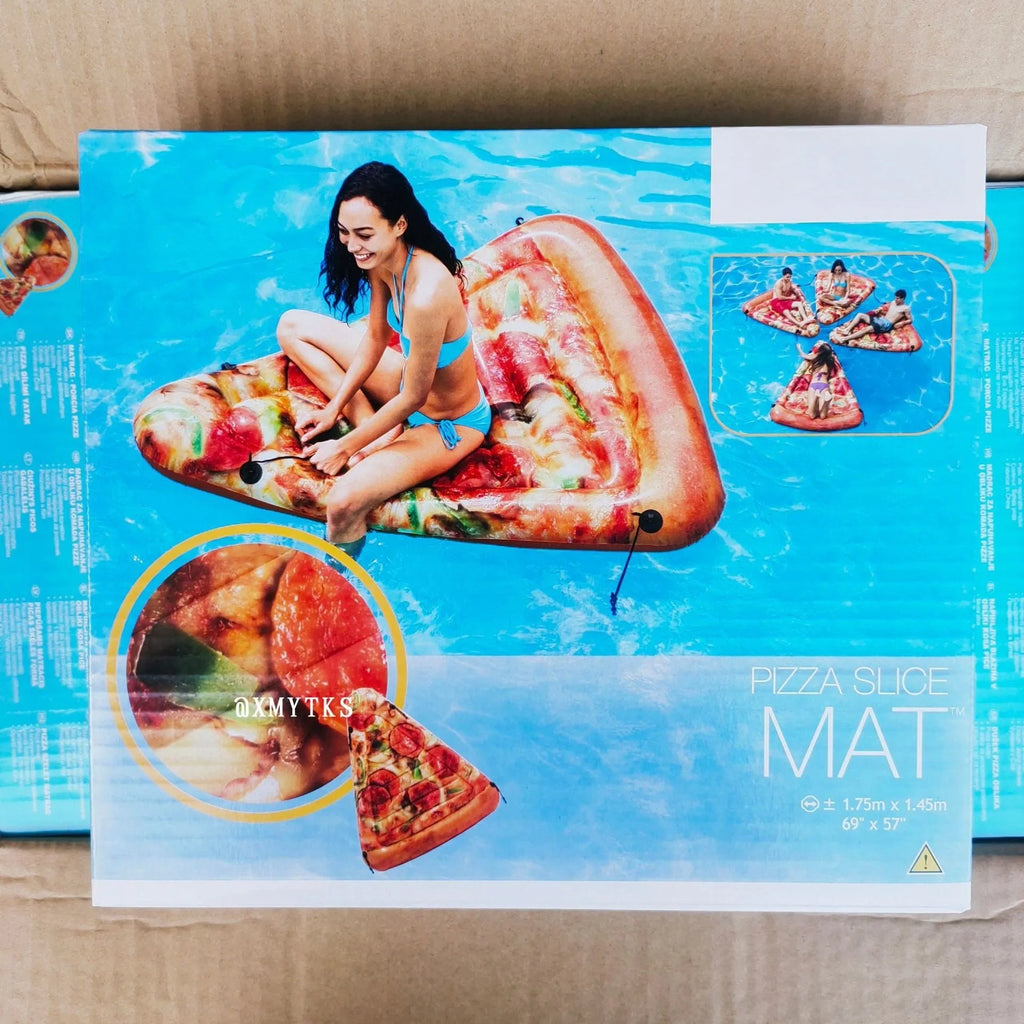 Large inflatable pizza slice float measuring 175cm x 145cm made of PVC for pool use