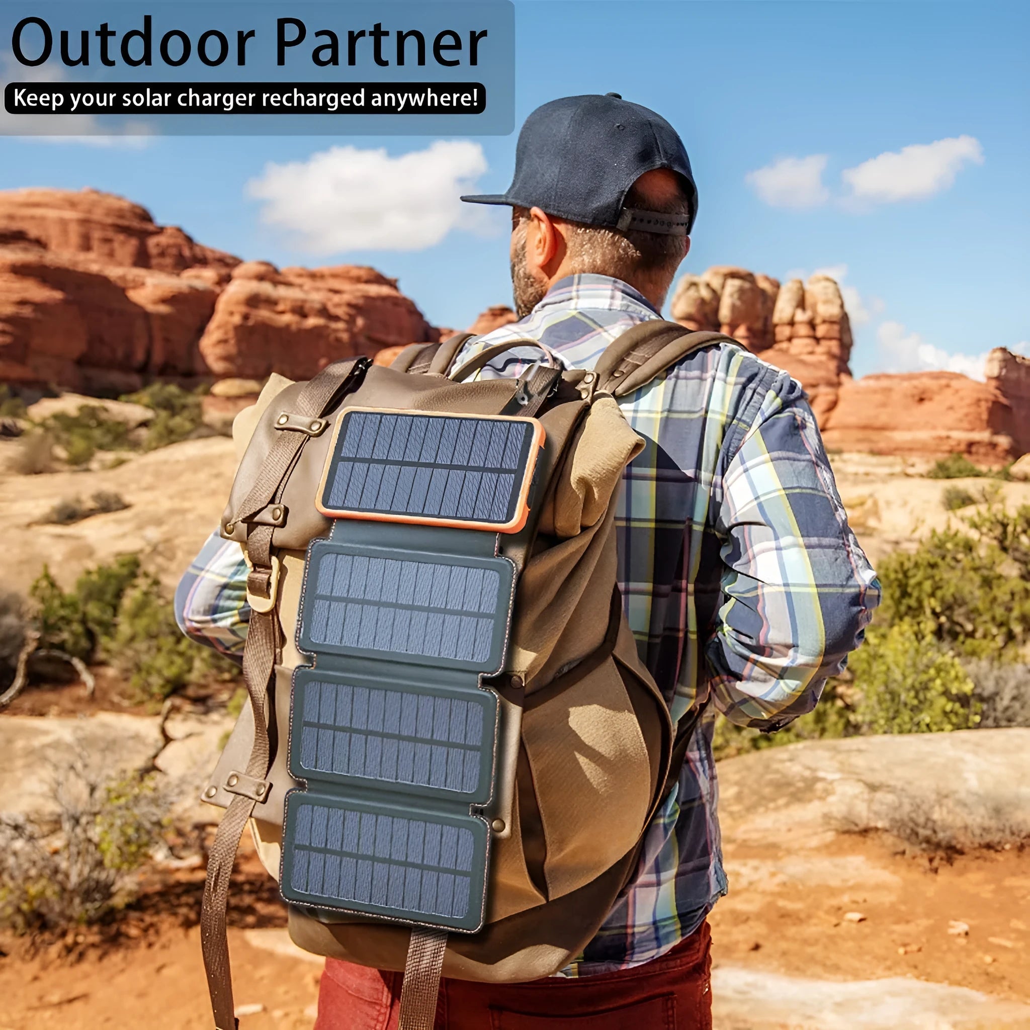Black outdoor solar phone charger with leather exterior, solar panel, and LED light.