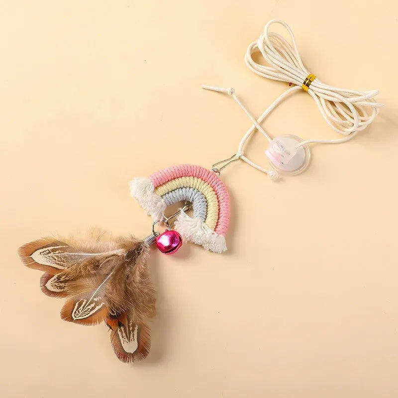 Feather cat rope toy with elastic door swing and sticky buckle clamp in blue, green, or pink colours
