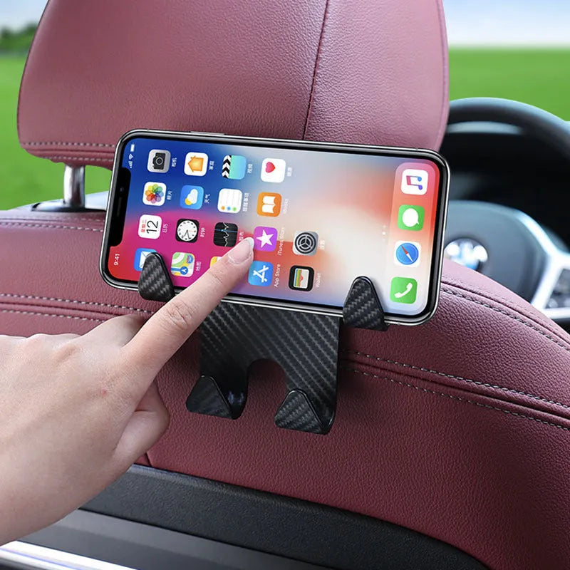 Black ABS plastic car hook bracket with integrated phone holder, shown from the side.