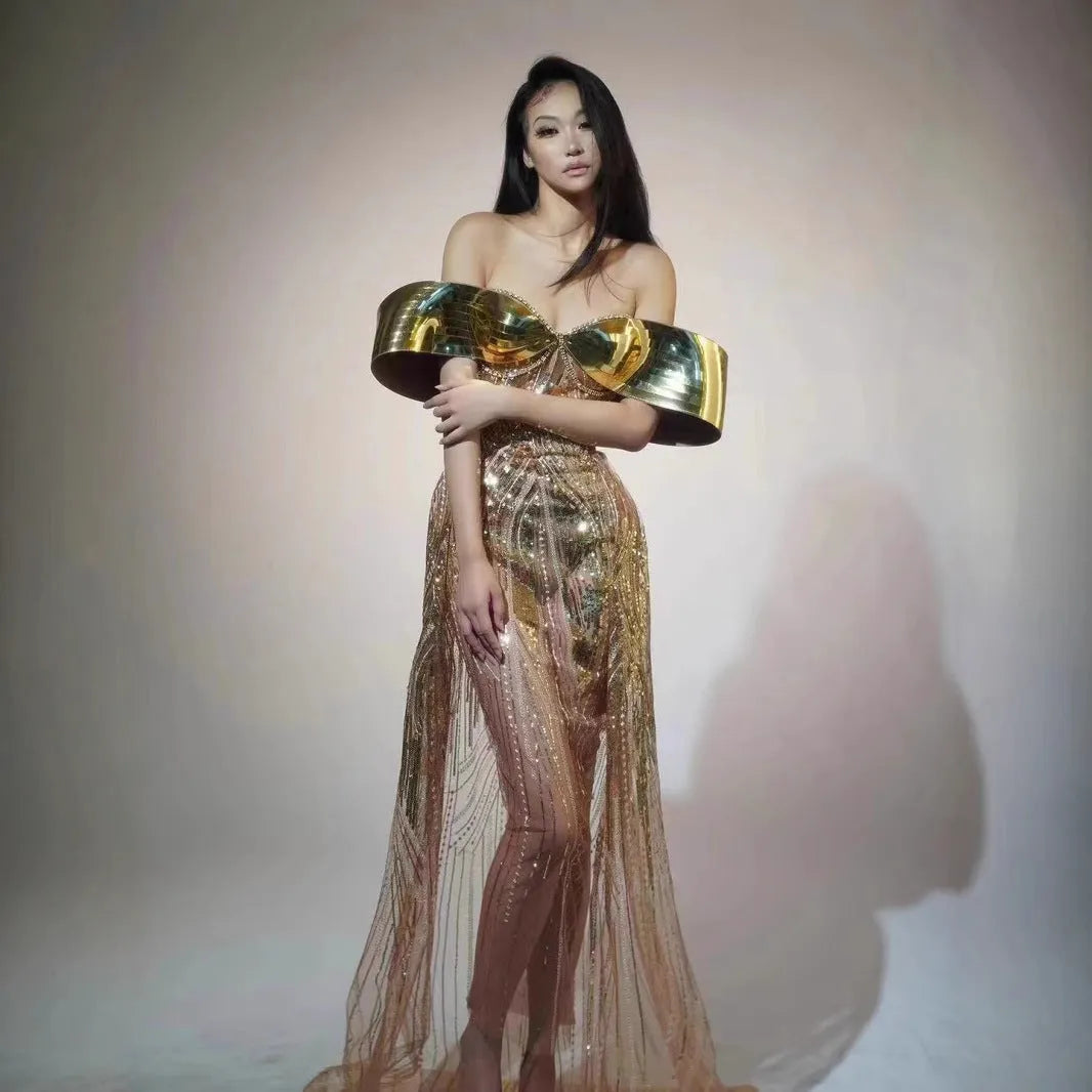 Gold strapless sequined dress with tulle skirt and high-leg split, sleeveless tube top design