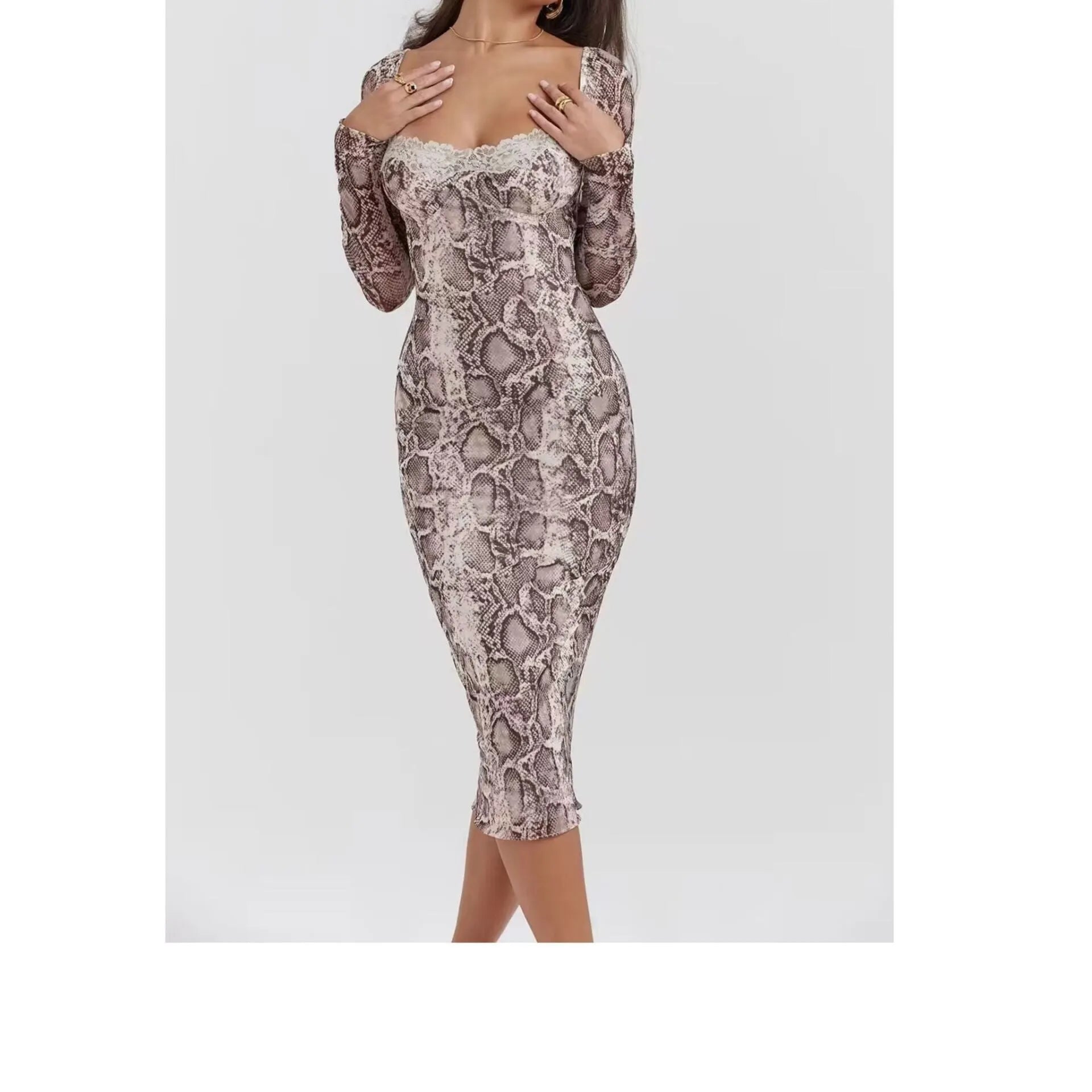 Grey digital printed slim fit lace dress with A-line skirt and long sleeves