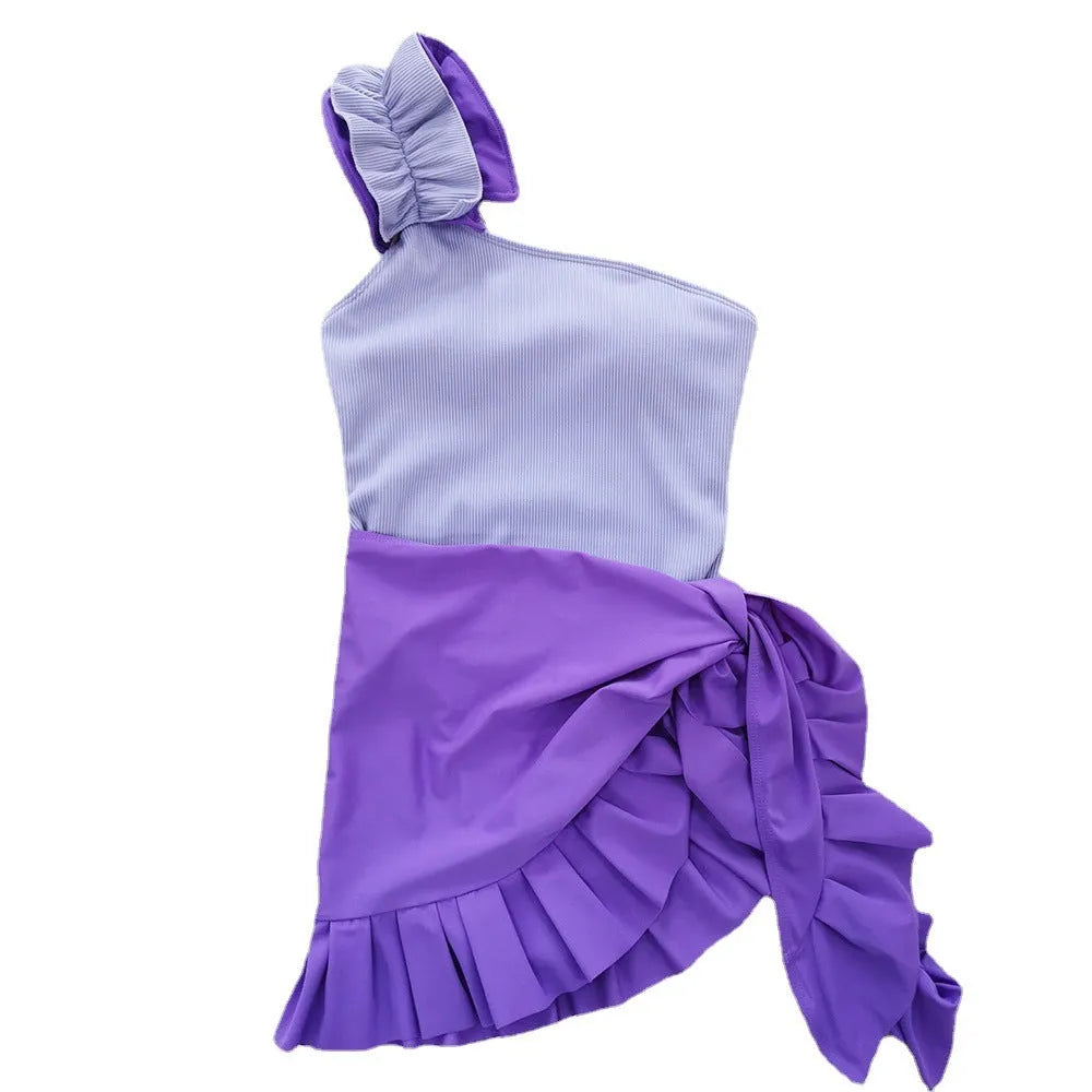 Women's single-shoulder suspender tube top one-piece swimsuit in a high-waisted style.