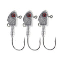 Simulation Yayu shaped lead head fishing jig hooks in blue, silver, yellow colours on a tackle background.