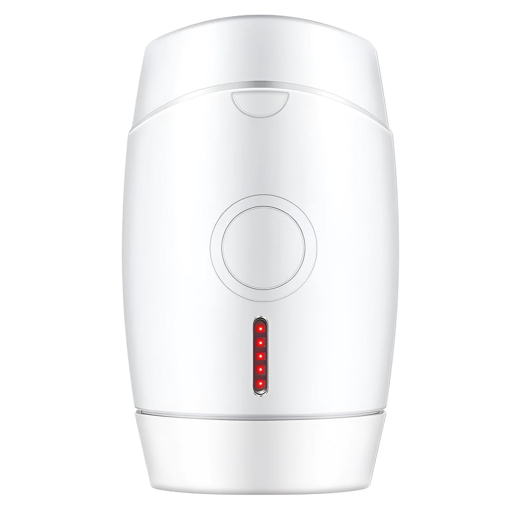 White home laser hair removal handset unit with display, shown next to its power adapter.