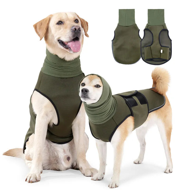 Dog wearing army green anti-anxiety jacket for calming support during stressful situations