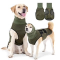 Dog wearing army green anti-anxiety jacket for calming support during stressful situations