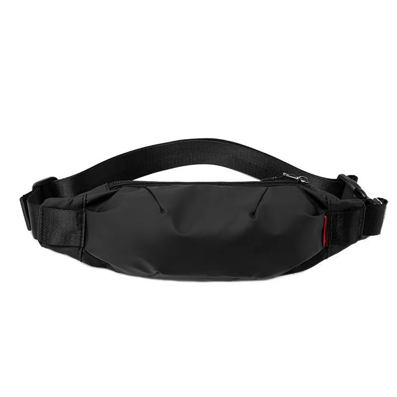 Black Oxford cloth waist pack with crossbody strap showing phone and ID pockets