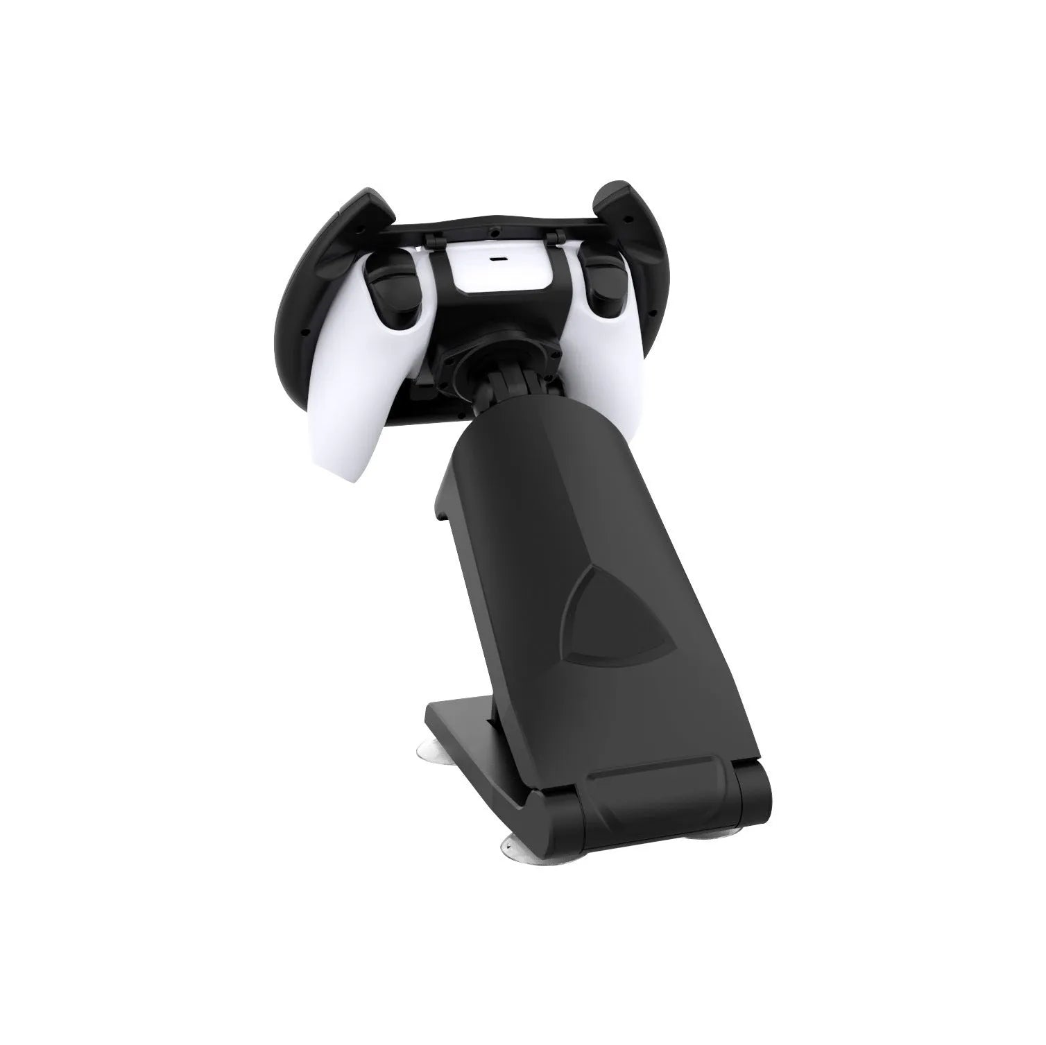 Black ABS gamepad steering wheel bracket with suction cup base, holding a console controller.