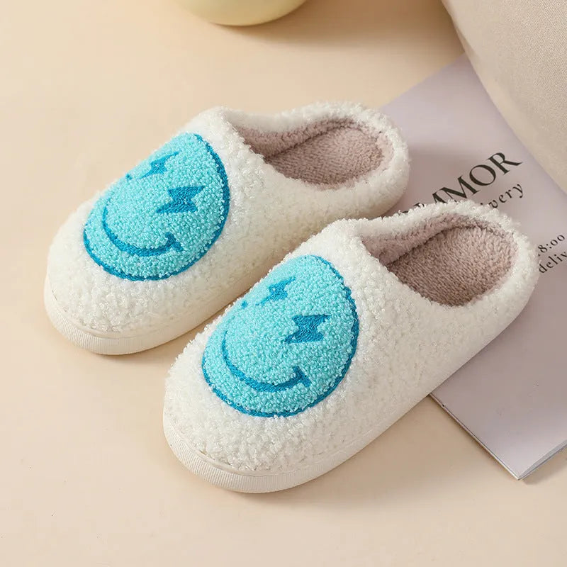 Women's plush home slippers with cartoon love print and non-slip PVC sole