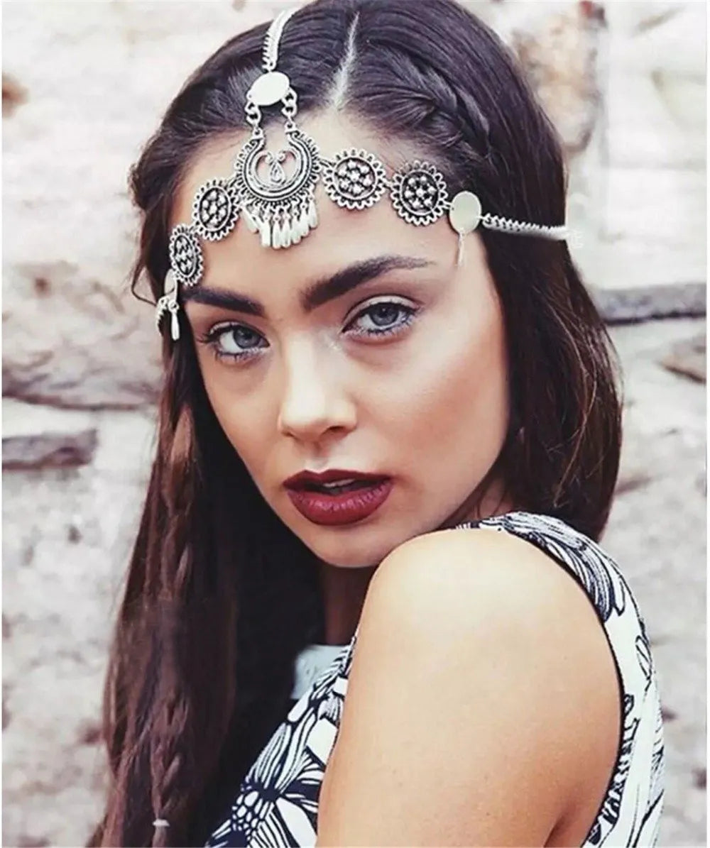 Boho style festival headband jewellery in ancient silver finish, lightweight alloy construction with nickel-free plating
