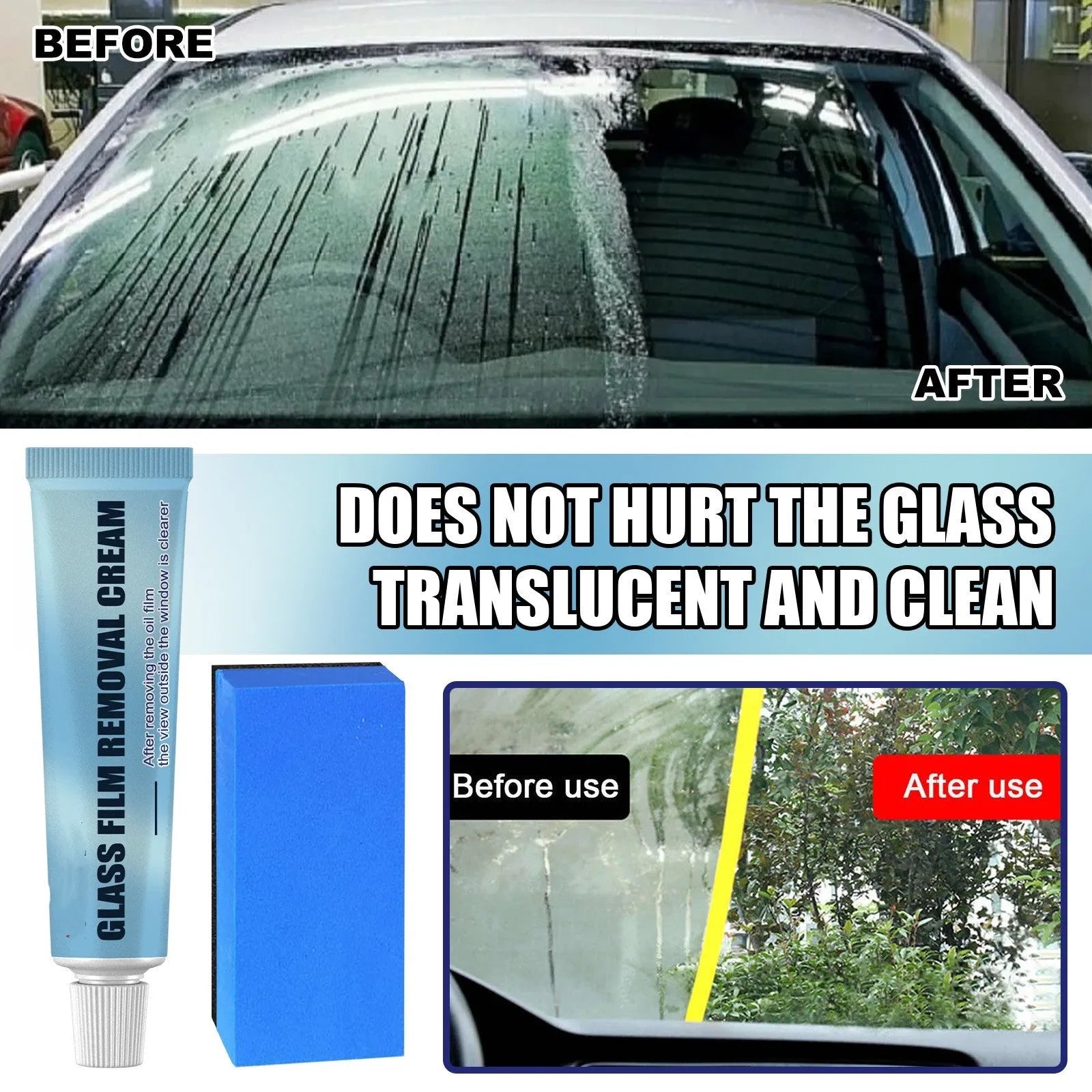 Blue car window oil film remover with soft sponge applicator for glass cleaning