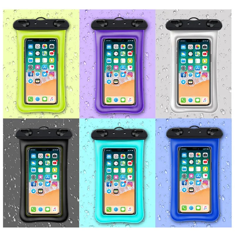 Orange PVC waterproof phone pouch with neck rope showing double airbag design