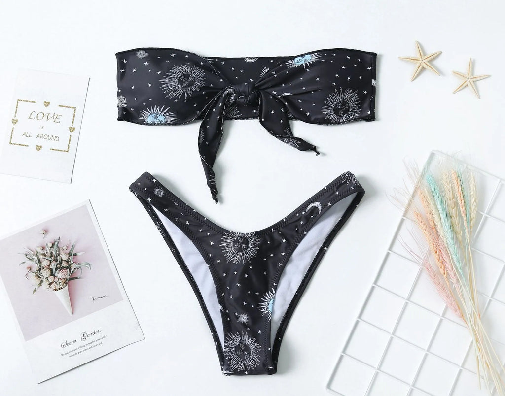 Black bikini print one-piece swimsuit with backless design and high elasticity nylon construction