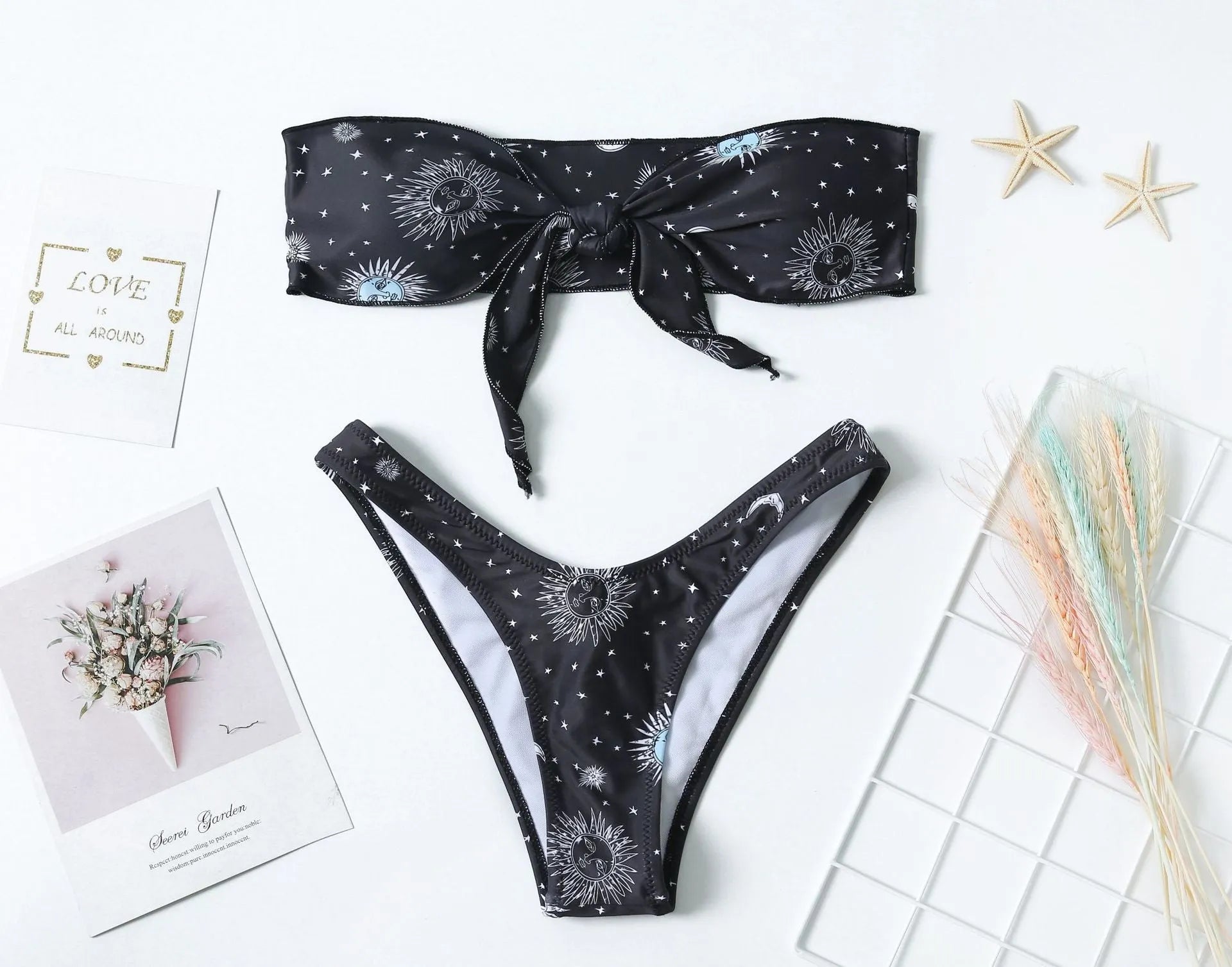 Black bikini print one-piece swimsuit with backless design and high elasticity nylon construction