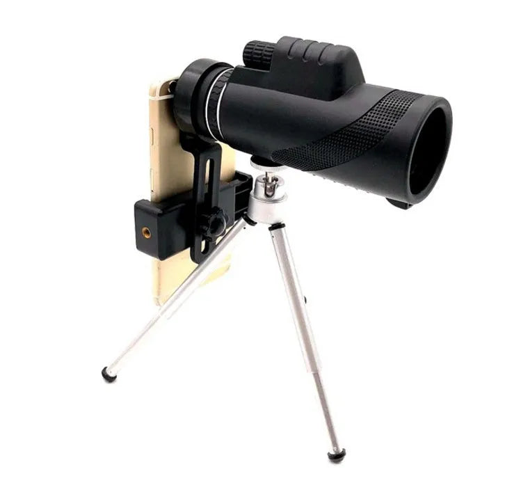 Black 40x60 monocular telescope with 144mm length showing objective lens and eyepiece