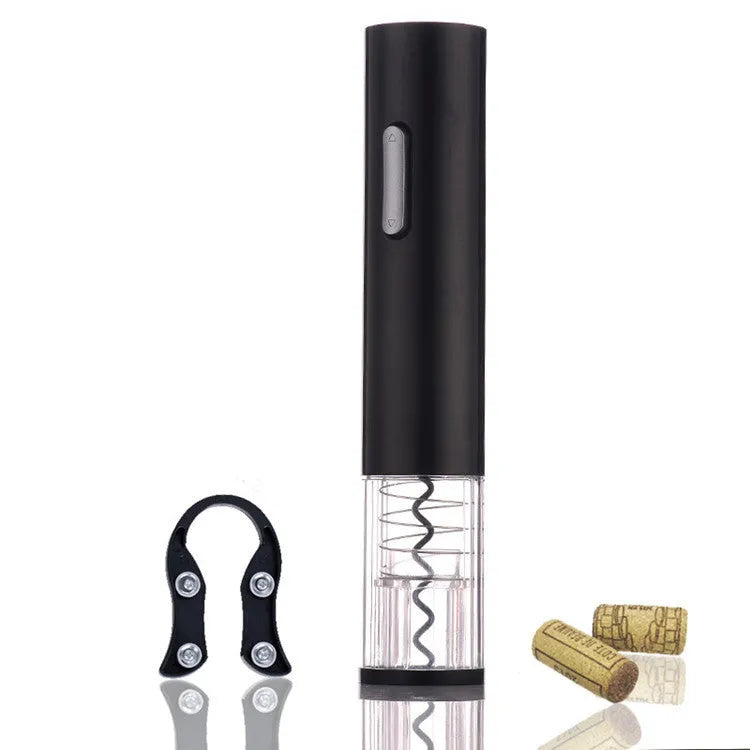 Black automatic electric wine opener with foil cutter and transparent window on white background