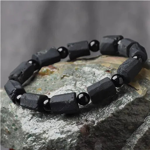 Black tourmaline rough stone bracelet with natural crystal beads on stretchy elastic cord