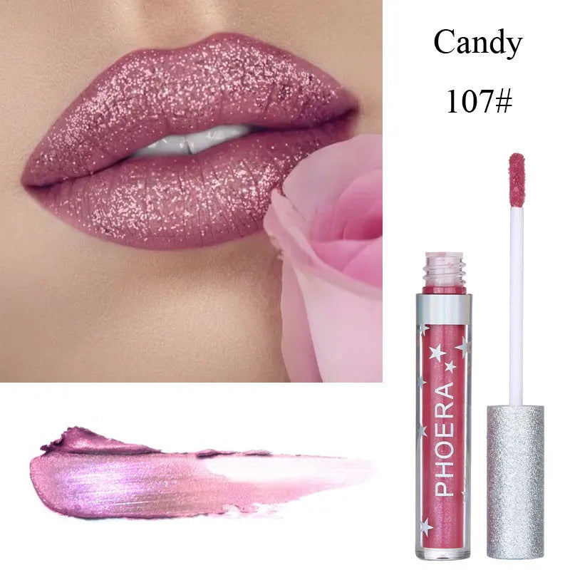 Moisturizing candy colour lip gloss with matte waterproof finish and glitter holiday metallic look, portable size