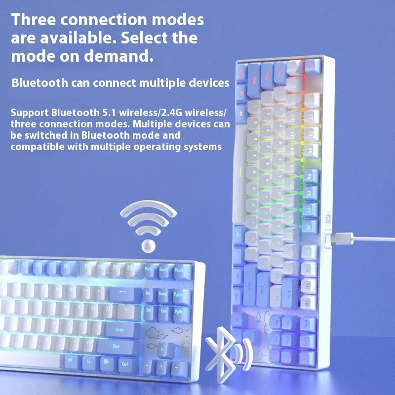 Wireless Bluetooth mechanical keyboard with metal construction in purple-white colour scheme