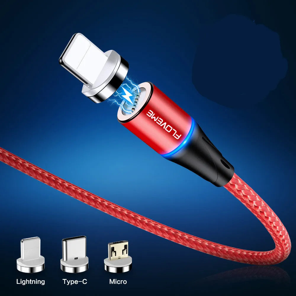 Magnetic smartphone charging cable with LED lights showing black, red, and silver colour options