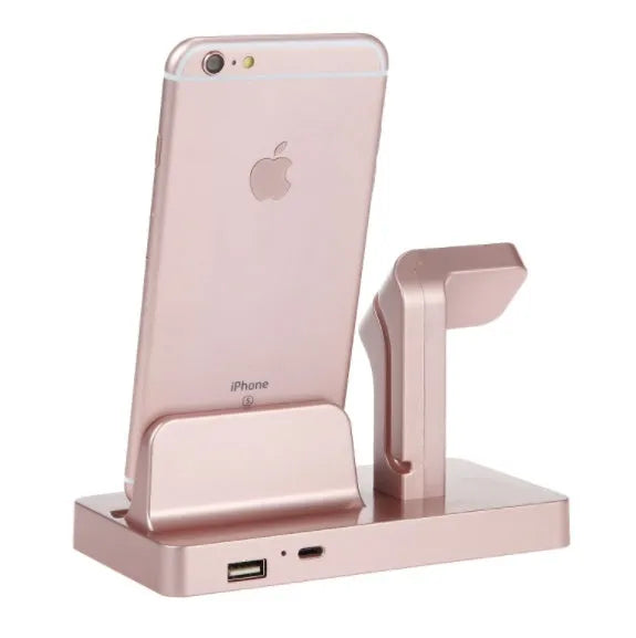 White 2-in-1 desktop charging dock holding an iPhone and an Apple Watch, showing cable cutout and non-slip base.