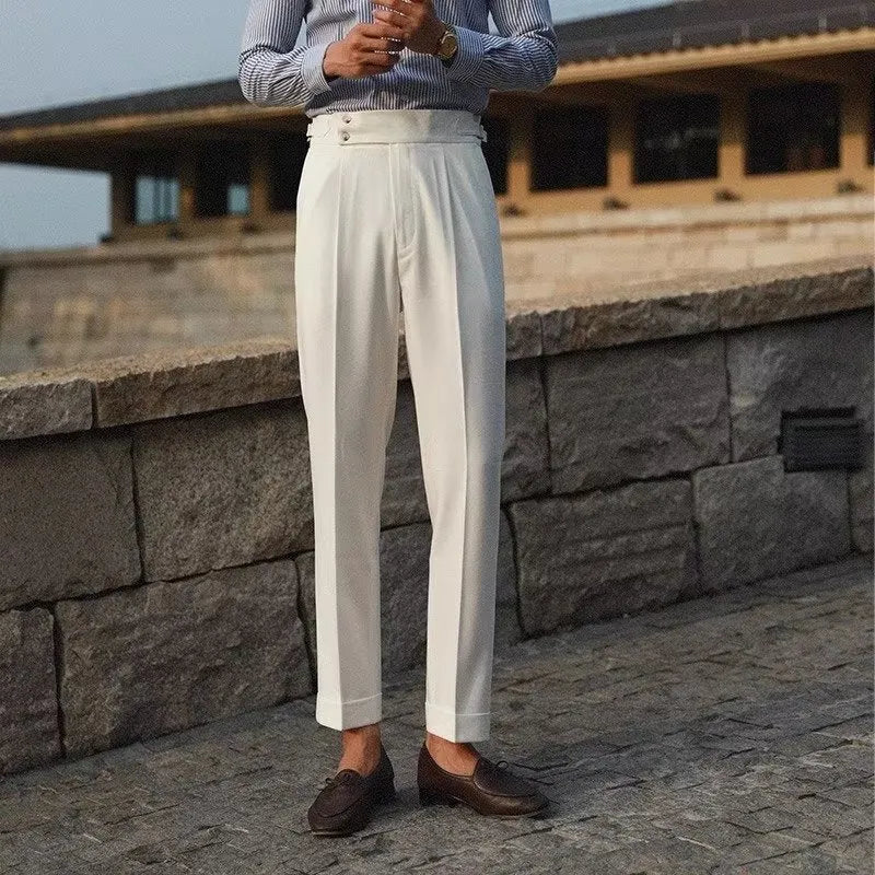 Men's slim fit straight leg formal trousers in black, white or apricot colours