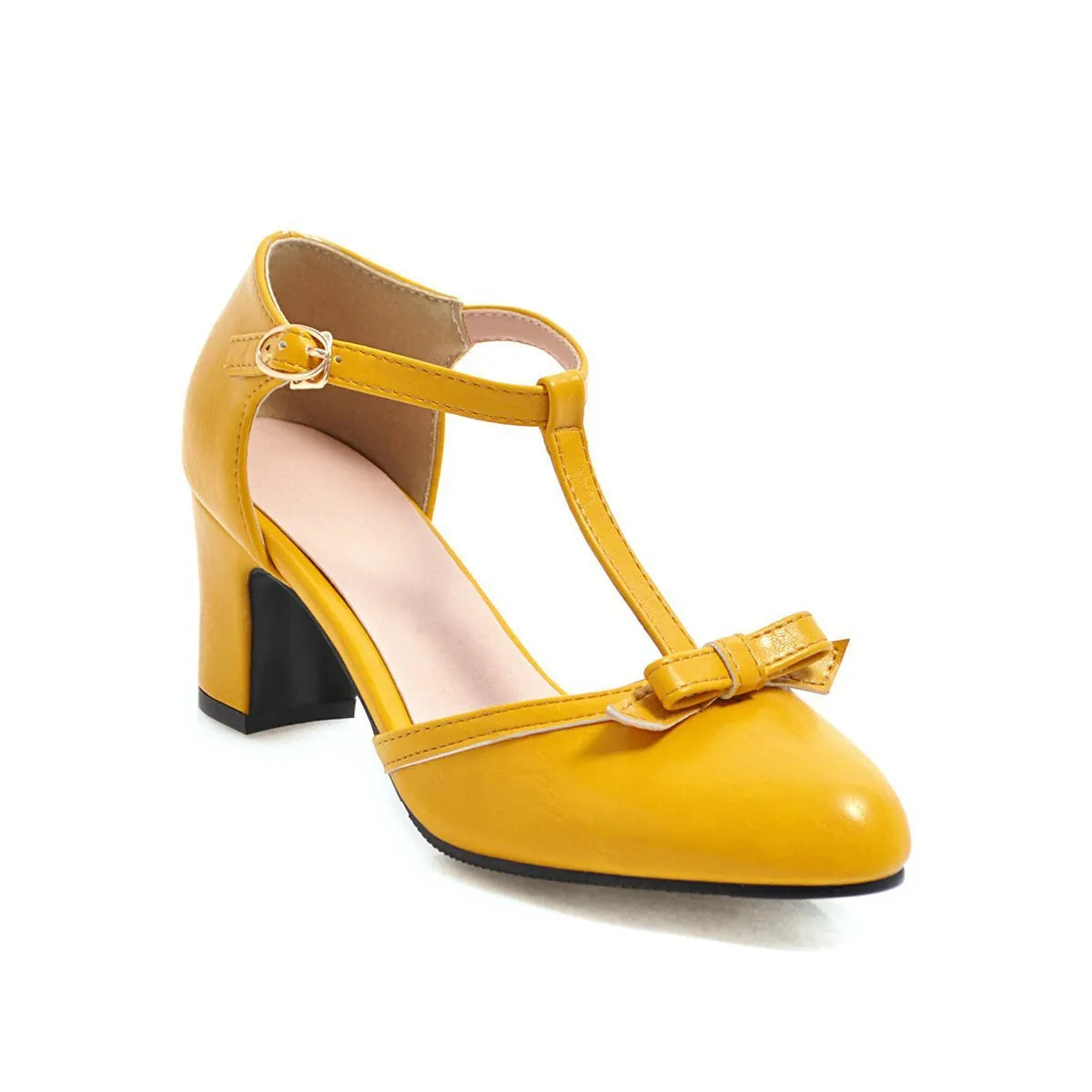 Women's apricot chunky heel sandals with buckle strap and bow detail on a hollow out PU upper.
