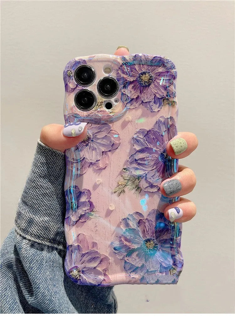 Advanced Art Oil Painting Flower Phone Case with twisted edge and blue light effect, compatible with iPhone models