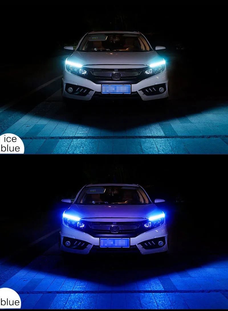 Slim silicone car LED daytime running light strip with flowing turn signal effect on a vehicle headlight.