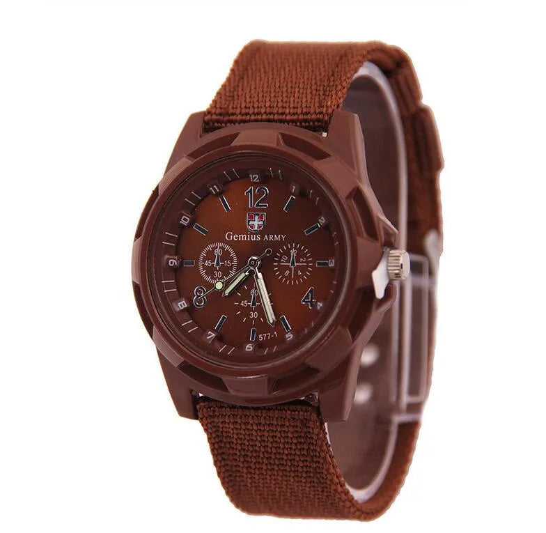 Cloth belt weaving military watch with quartz movement 40.5mm round dial and textile strap on display