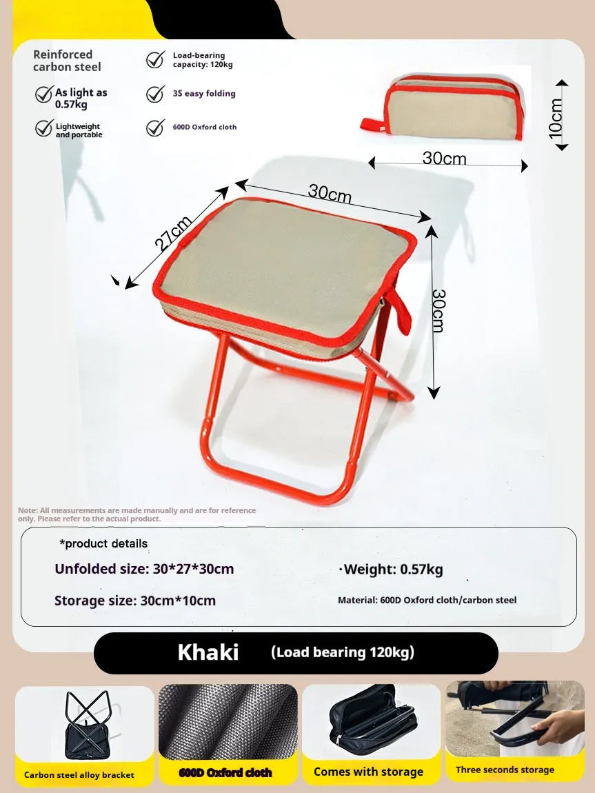 Lightweight foldable outdoor camp chair stool in oxford cloth, shown in khaki colour, folded and unfolded.