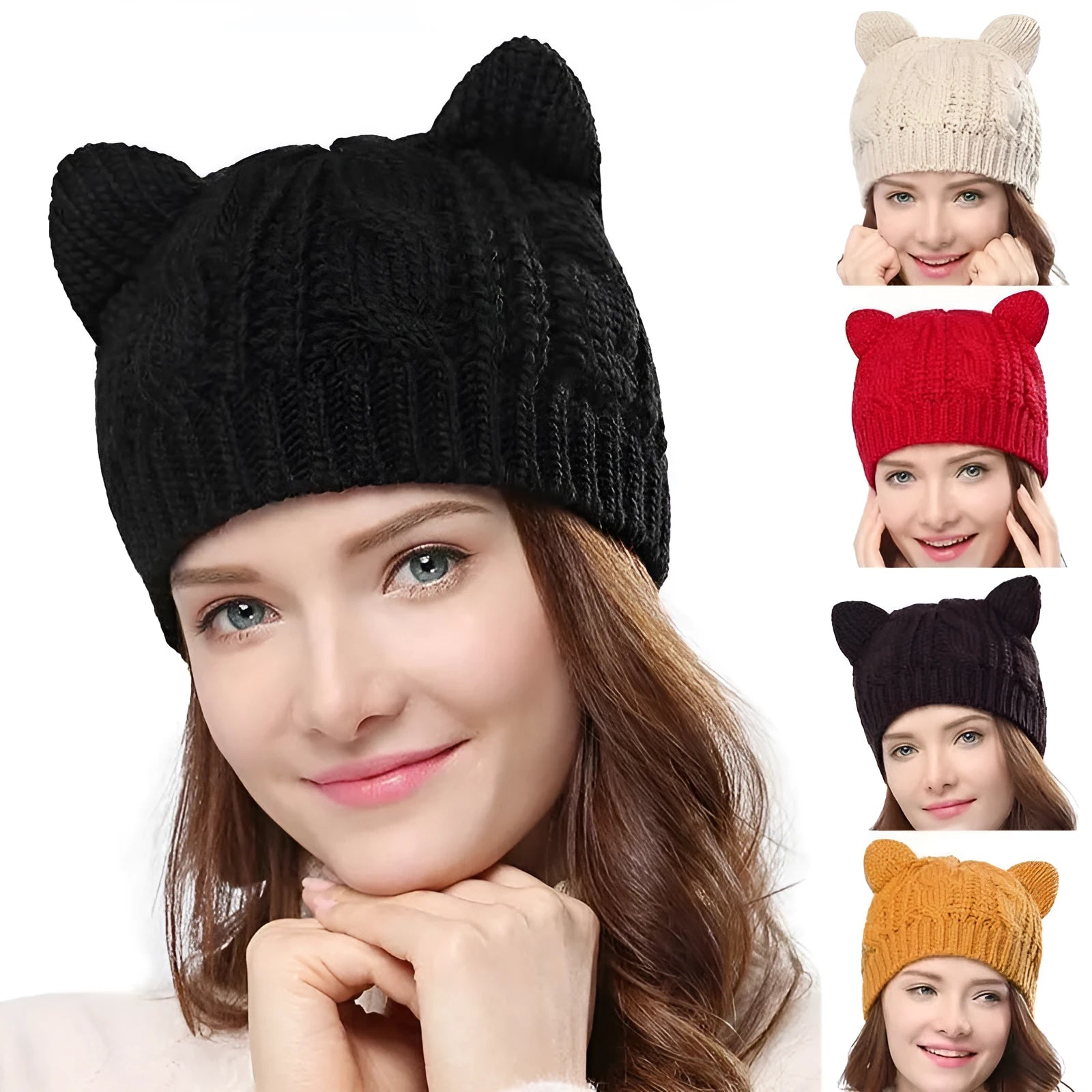 Hand-made knitted beanie with 3D cat ears in multiple colour options