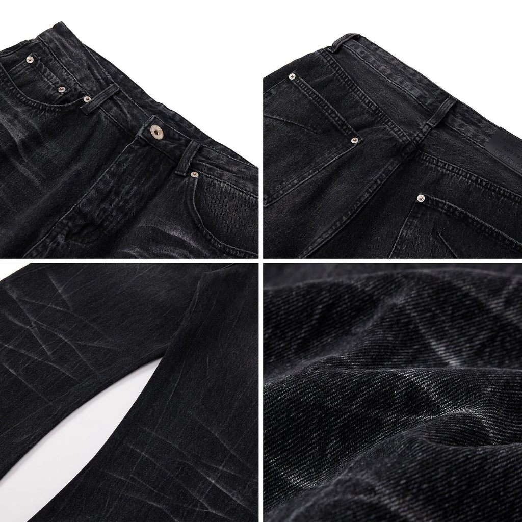 American washed old lightning crack straight-leg jeans in black cotton for men
